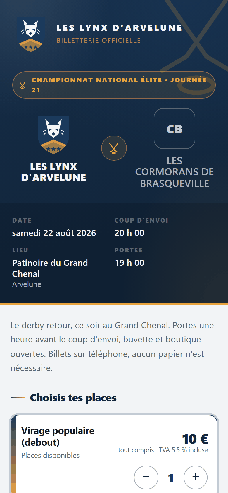 La page d'achat d'un match sur un téléphone, aux couleurs du club, avec ses catégories de place et leur disponibilité.