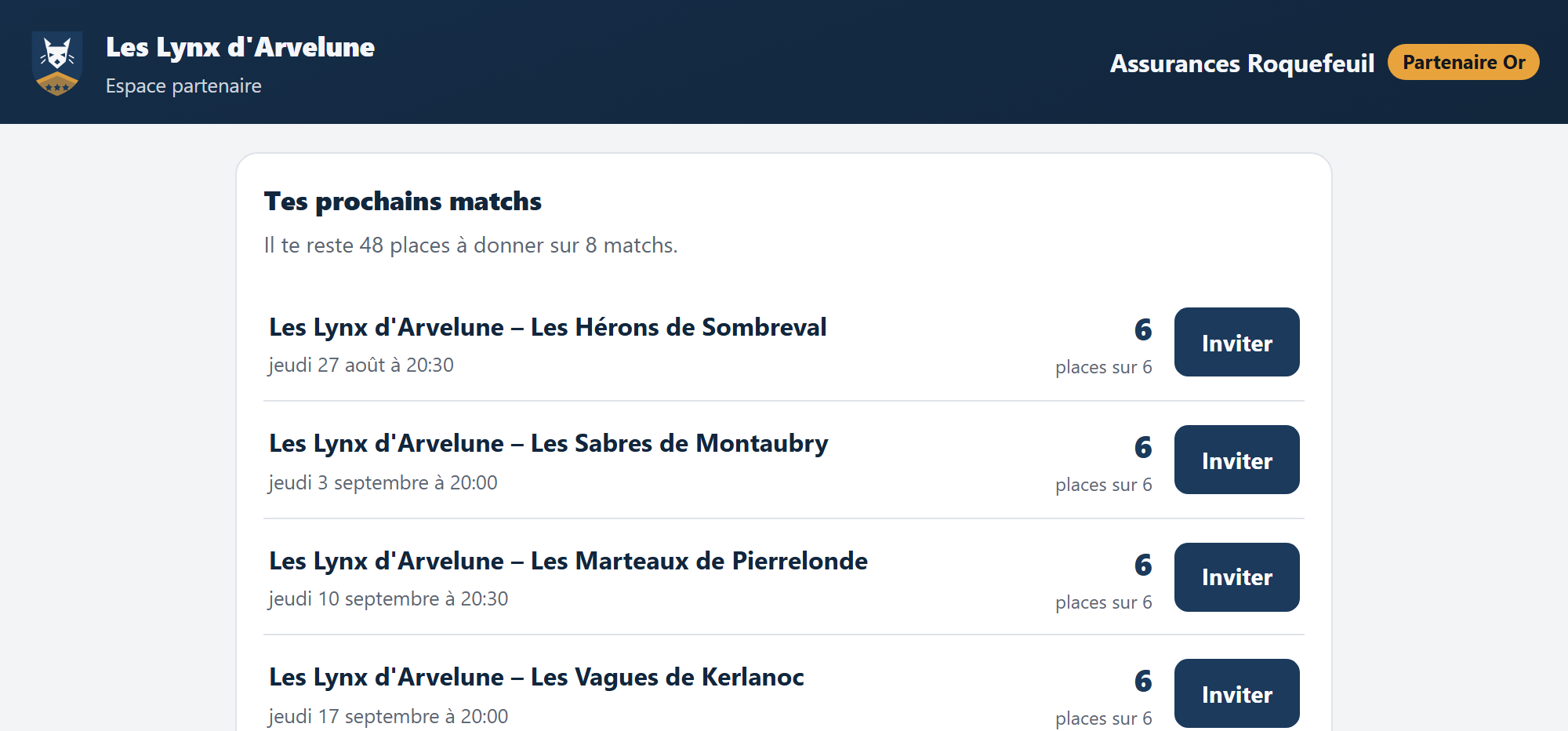 L'espace d'un partenaire du club : ses prochains matchs, le nombre de places qu'il lui reste à donner, et le bouton qui invite ses clients.