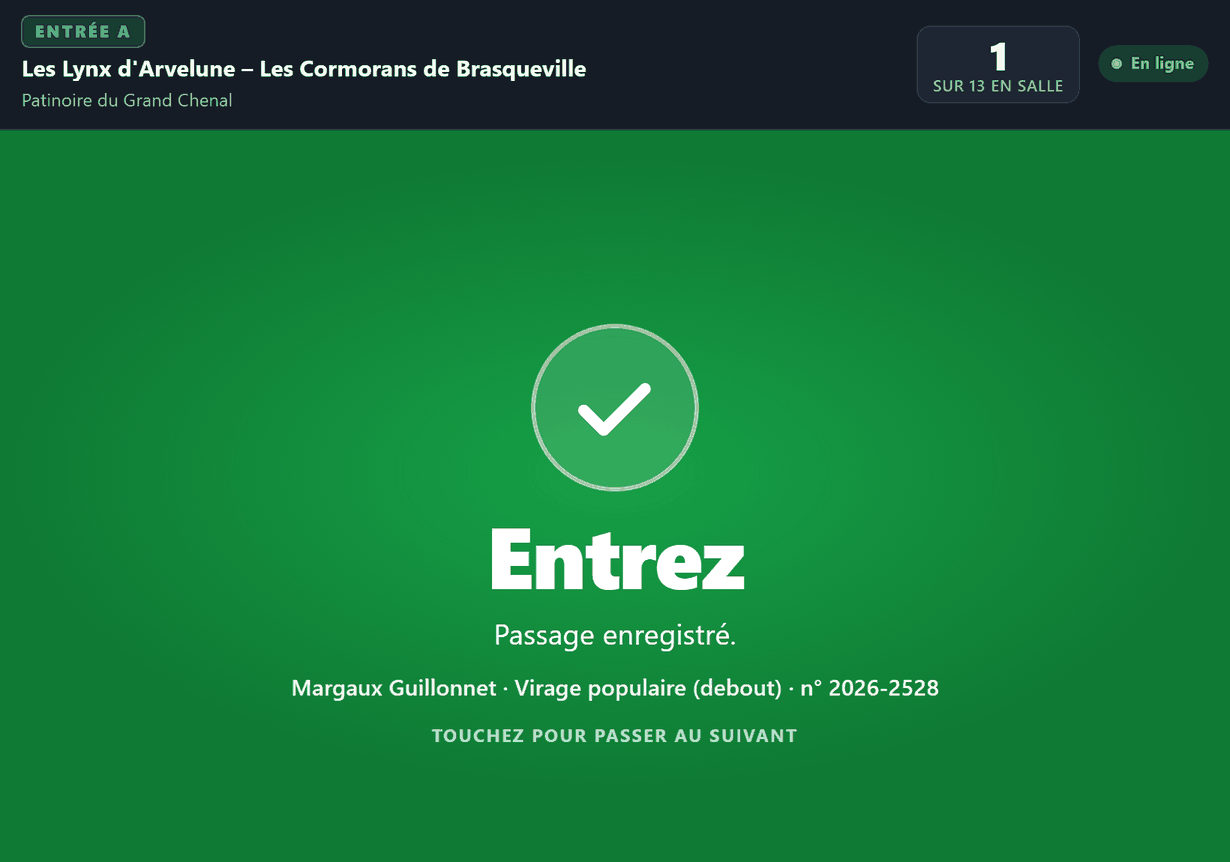 L'écran d'un contrôleur à l'entrée : le verdict vert qui laisse entrer un porteur, avec son nom, sa place et le compteur des personnes déjà en salle.