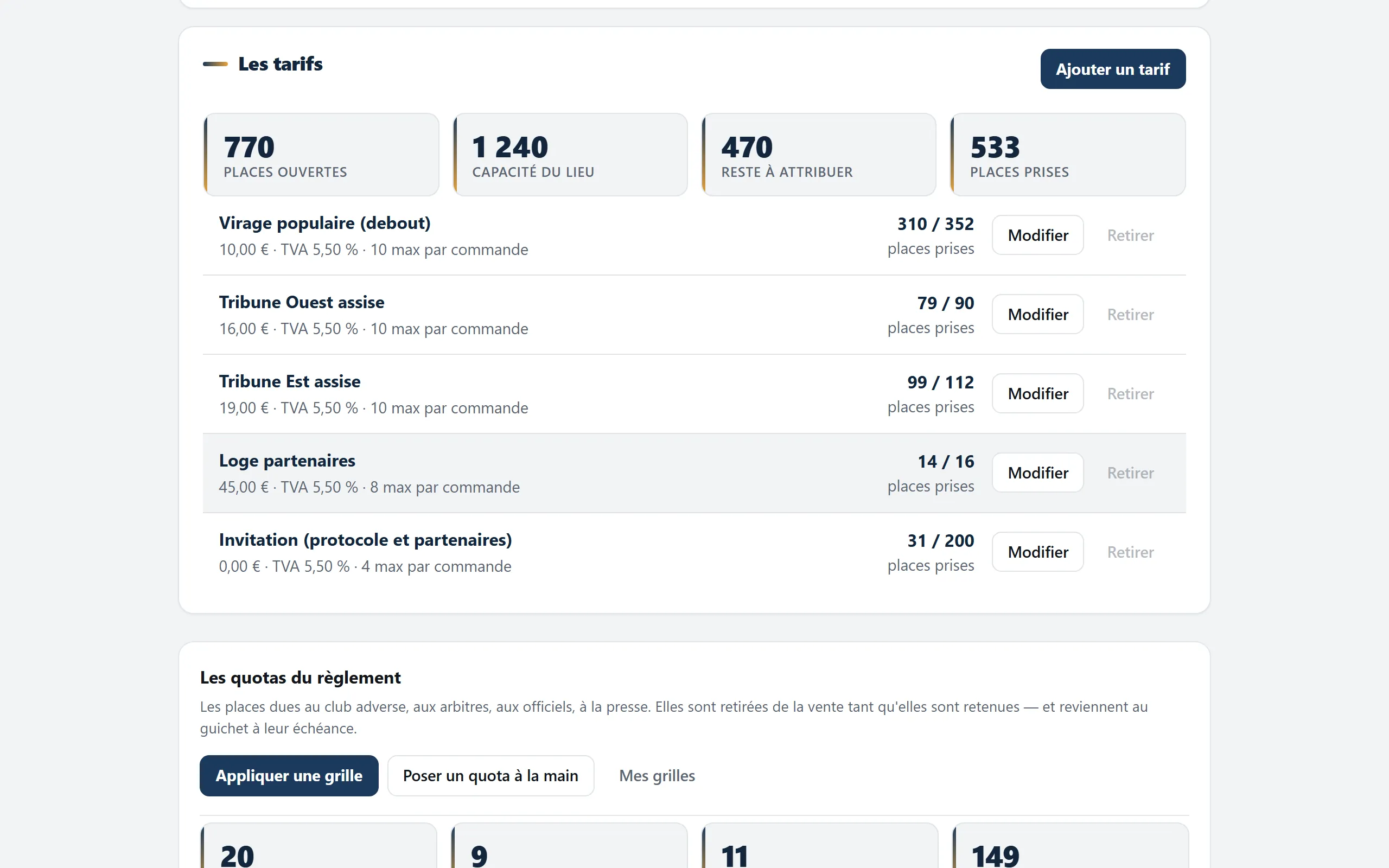 La fiche d'un match dans l'espace du club : sa salle, le nombre de places ouvertes, et quatre catégories de place avec leur prix et leur taux de TVA.