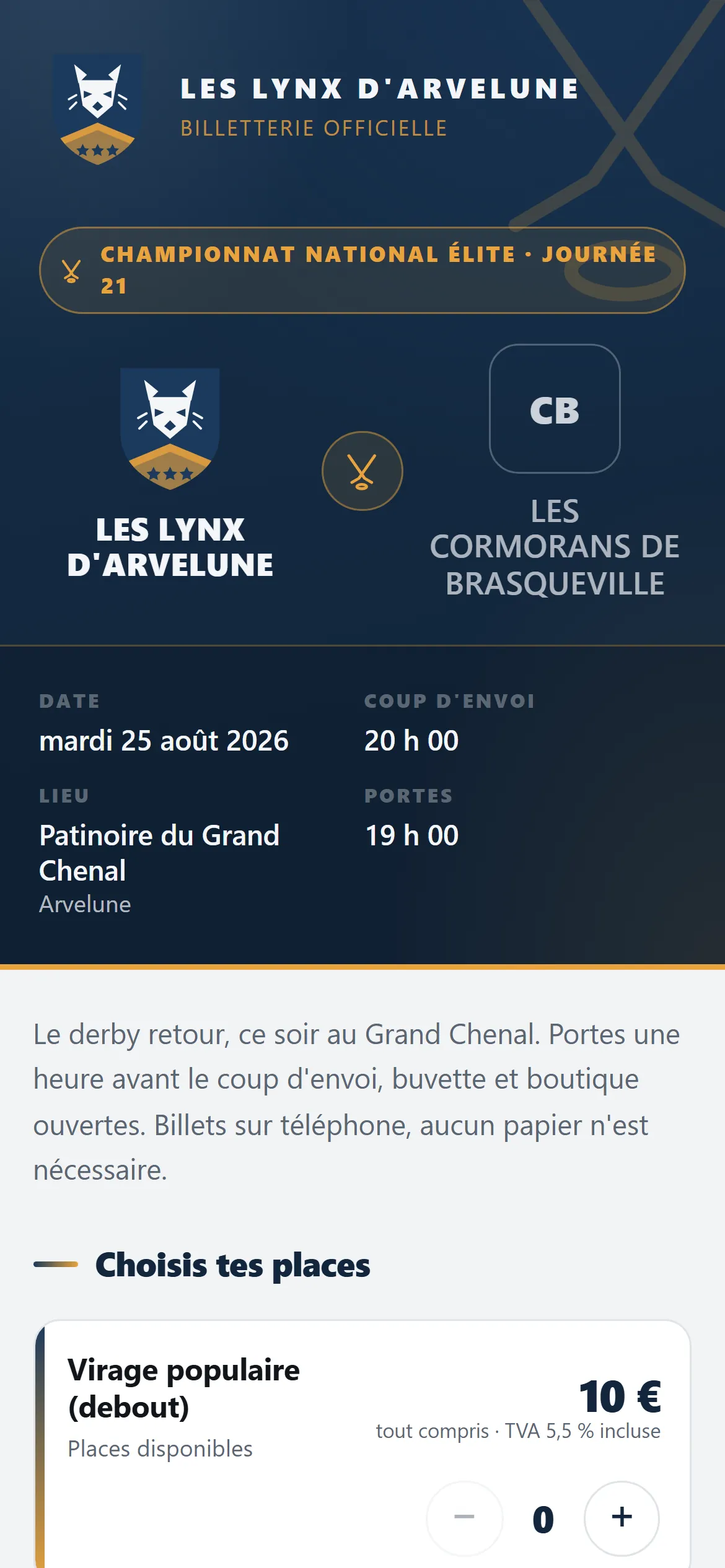 La page publique d'un match sur un téléphone, aux couleurs du club, avec l'affiche de la rencontre, la date, la salle et l'heure d'ouverture des portes.